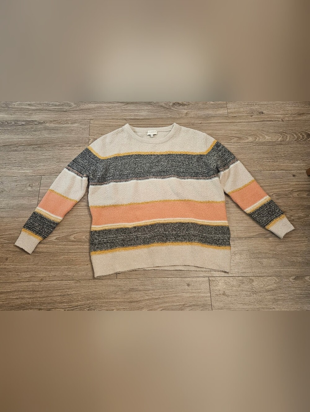 Skies Are Blue Striped Crewneck Sweater in Cream, Gray & Peach
